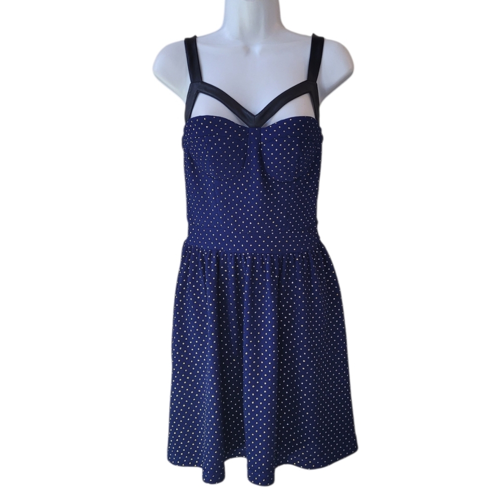 SANS SOUCI Polka Dot Faux Leather Strap Trim Mini Dress Size S